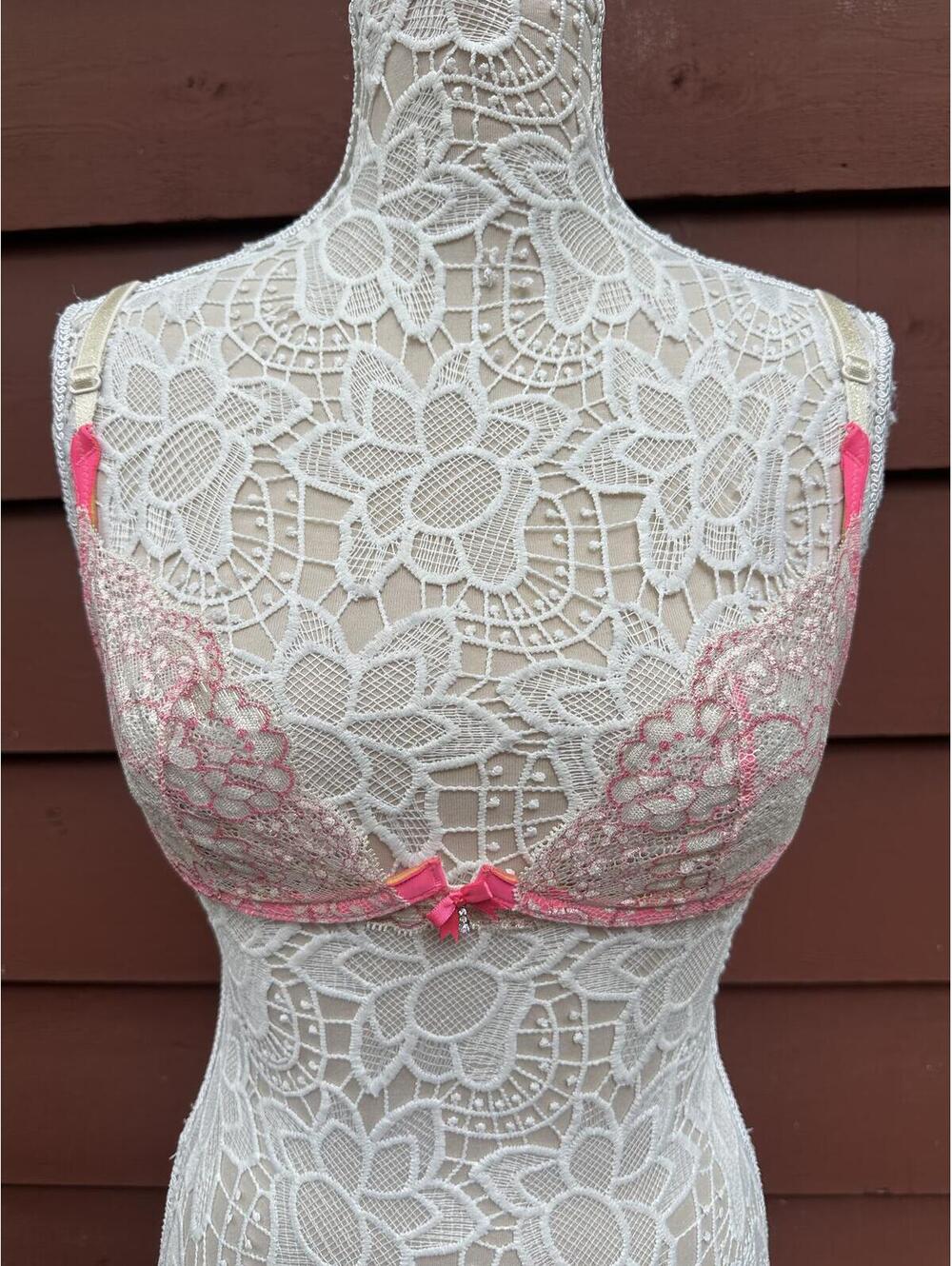 Y2K Fairycore Lace Bralette Cream Floral Pink Trim Adjustable‎ Straps